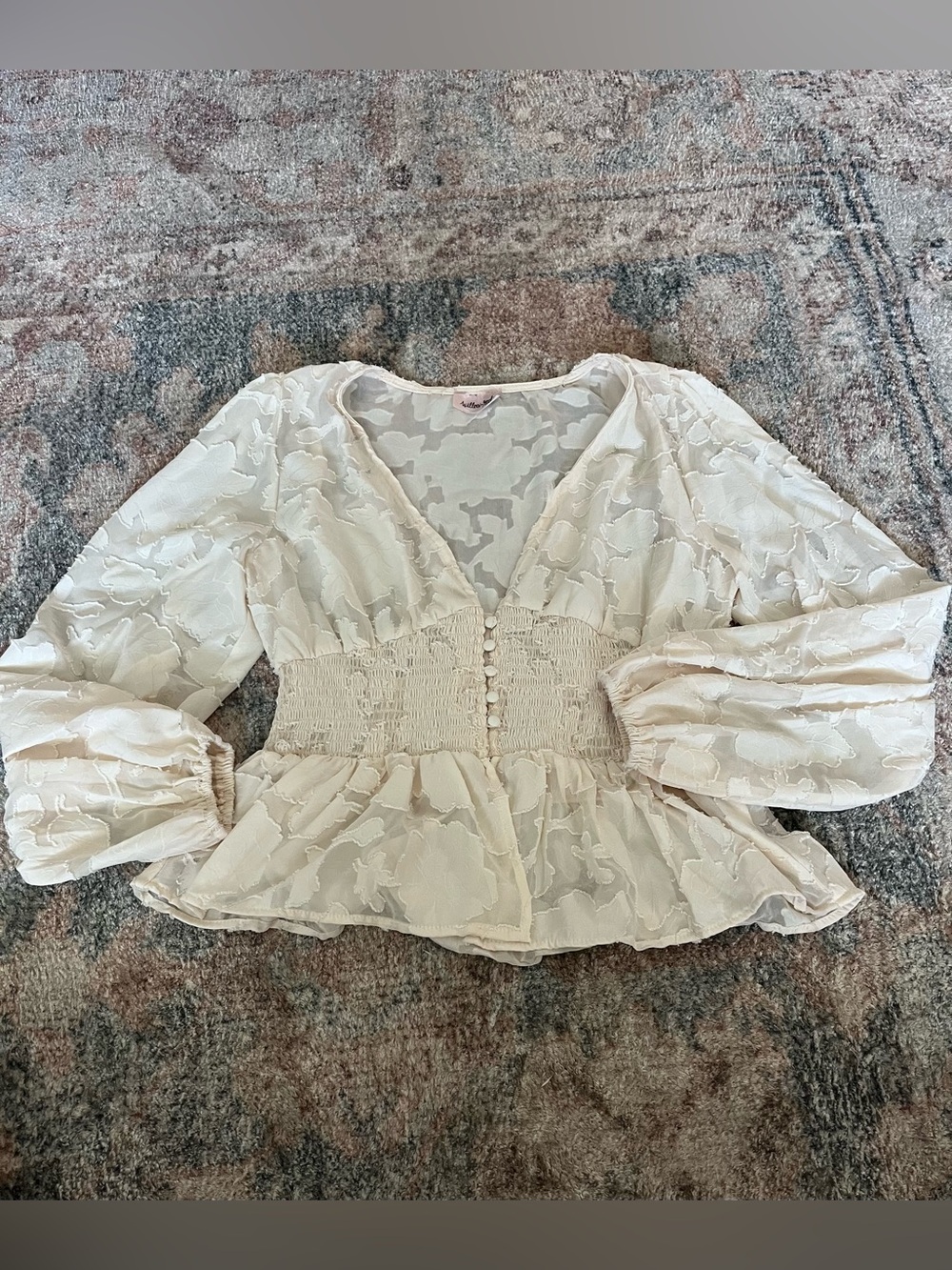 Willow and root Ivory Smocked Waist Floral Jacquard Peplum Blouse size small